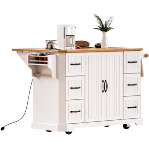 English Elm K&k Farmhouse Rolling Kitchen Island with Six Drawers Power Outlet and Drop Leaf White N707S266184W