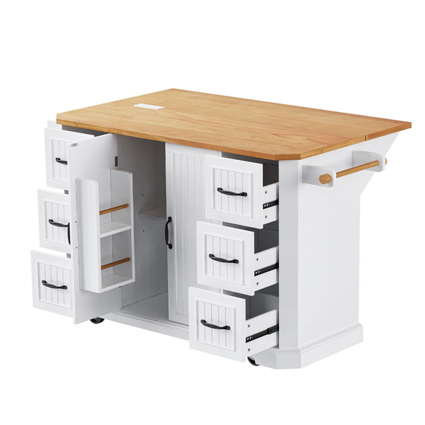 English Elm K&k Farmhouse Rolling Kitchen Island with Six Drawers Power Outlet and Drop Leaf White N707S266184W