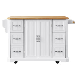 English Elm K&k Farmhouse Rolling Kitchen Island with Six Drawers Power Outlet and Drop Leaf White N707S266184W