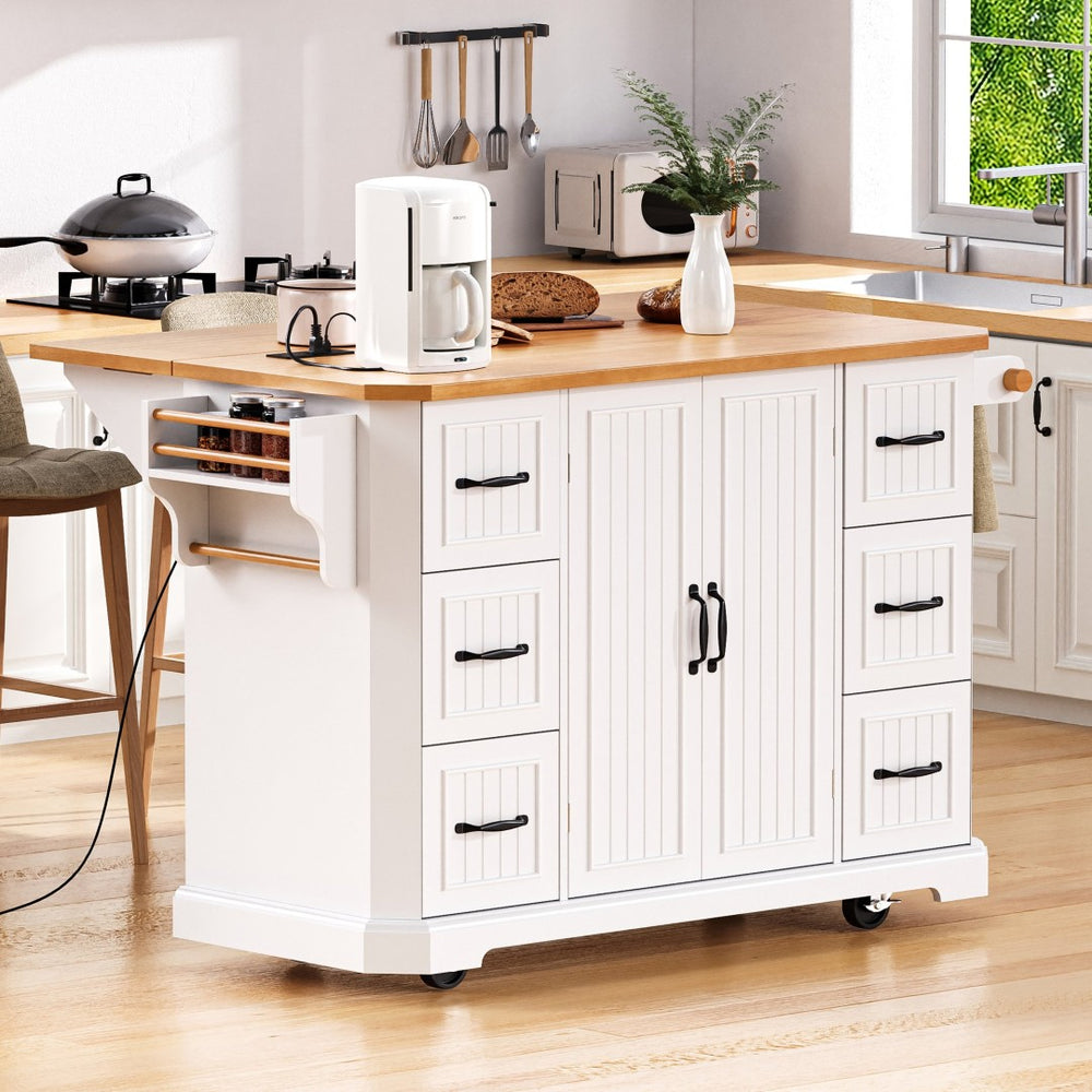 English Elm K&k Farmhouse Rolling Kitchen Island with Six Drawers Power Outlet and Drop Leaf White N707S266184W