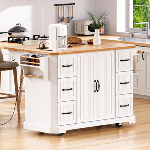 English Elm K&k Farmhouse Rolling Kitchen Island with Six Drawers Power Outlet and Drop Leaf White N707S266184W