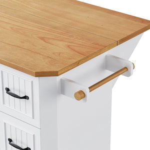 English Elm K&k Farmhouse Rolling Kitchen Island with Six Drawers Power Outlet and Drop Leaf White N707S266184W