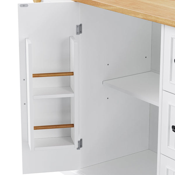 English Elm K&k Farmhouse Rolling Kitchen Island with Six Drawers Power Outlet and Drop Leaf White N707S266184W