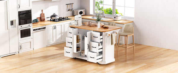 English Elm K&k Farmhouse Rolling Kitchen Island with Six Drawers Power Outlet and Drop Leaf White N707S266184W