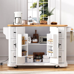 English Elm K&k Farmhouse Rolling Kitchen Island with Six Drawers Power Outlet and Drop Leaf White N707S266184W