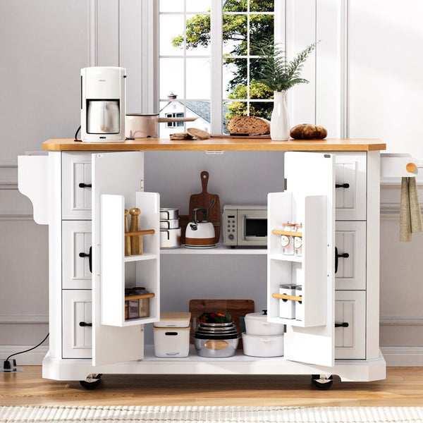 English Elm K&k Farmhouse Rolling Kitchen Island with Six Drawers Power Outlet and Drop Leaf White N707S266184W
