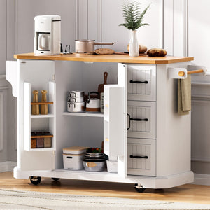 English Elm K&k Farmhouse Rolling Kitchen Island with Six Drawers Power Outlet and Drop Leaf White N707S266184W