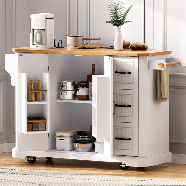 English Elm K&k Farmhouse Rolling Kitchen Island with Six Drawers Power Outlet and Drop Leaf White N707S266184W