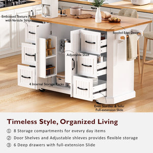 English Elm K&k Farmhouse Rolling Kitchen Island with Six Drawers Power Outlet and Drop Leaf White N707S266184W