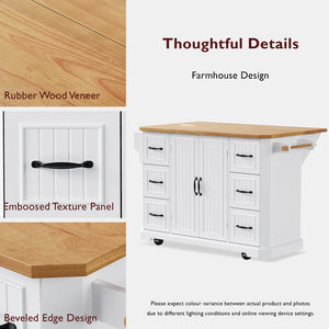 English Elm K&k Farmhouse Rolling Kitchen Island with Six Drawers Power Outlet and Drop Leaf White N707S266184W