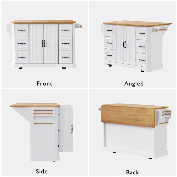 English Elm K&k Farmhouse Rolling Kitchen Island with Six Drawers Power Outlet and Drop Leaf White N707S266184W