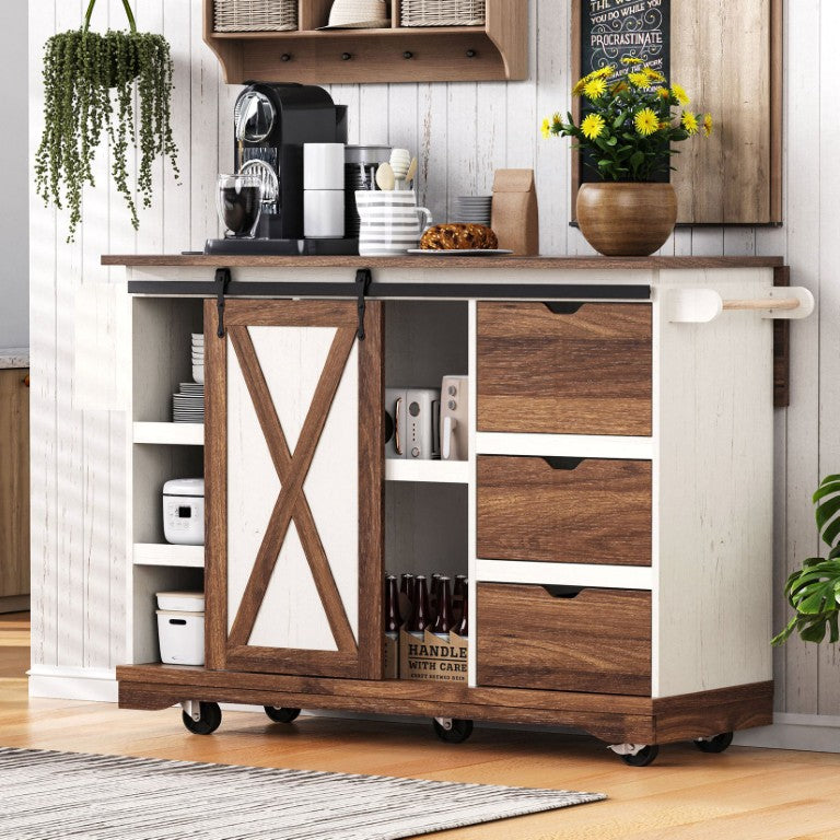 English Elm K&k Farmhouse Rolling Kitchen Island with Barn Door Drop Leaf and Built-In Power Outlets White N707S288229W