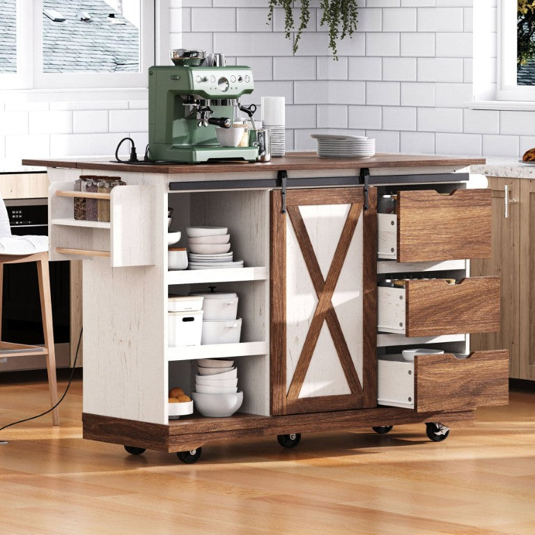 English Elm K&k Farmhouse Rolling Kitchen Island with Barn Door Drop Leaf and Built-In Power Outlets White N707S288229W