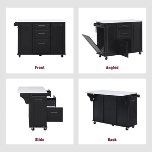 English Elm K&k Rolling Kitchen Island Faux Marble Top Tilt Trash Cabinet Pull Out Organizer Black N707S299008B