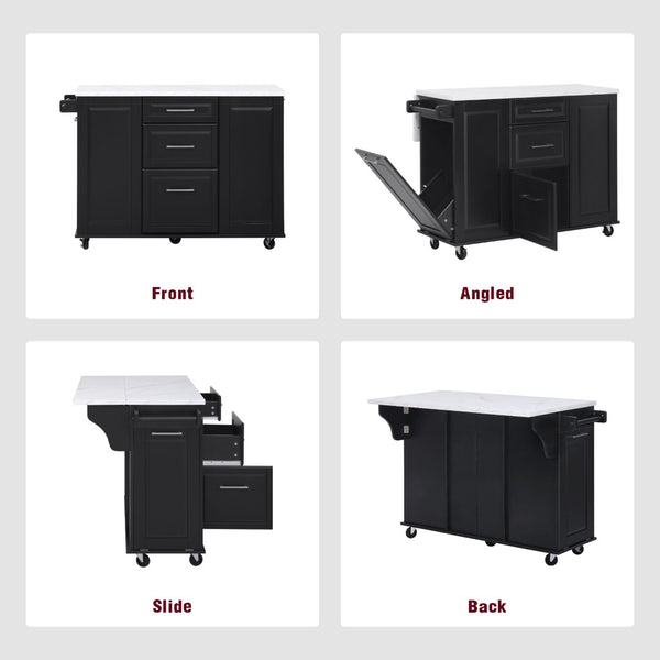 English Elm K&k Rolling Kitchen Island Faux Marble Top Tilt Trash Cabinet Pull Out Organizer Black N707S299008B