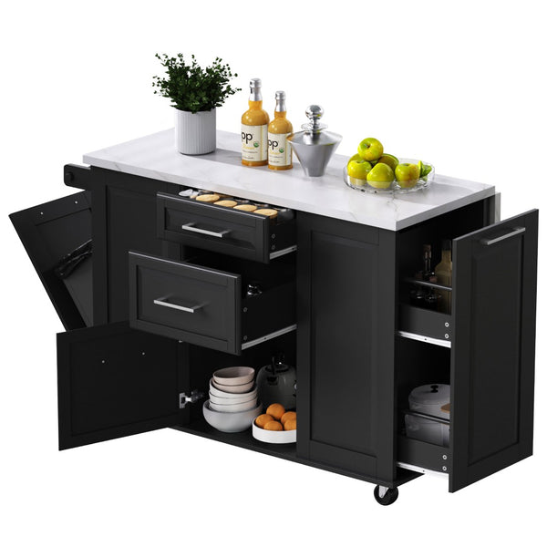 English Elm K&k Rolling Kitchen Island Faux Marble Top Tilt Trash Cabinet Pull Out Organizer Black N707S299008B