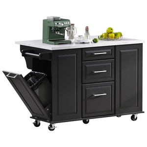 English Elm K&k Rolling Kitchen Island Faux Marble Top Tilt Trash Cabinet Pull Out Organizer Black N707S299008B