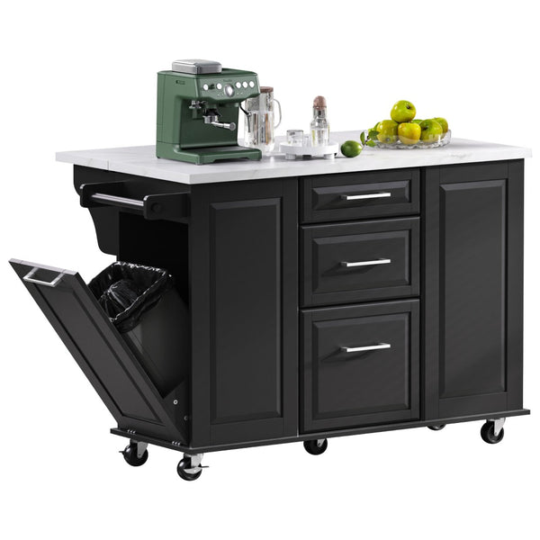 English Elm K&k Rolling Kitchen Island Faux Marble Top Tilt Trash Cabinet Pull Out Organizer Black N707S299008B