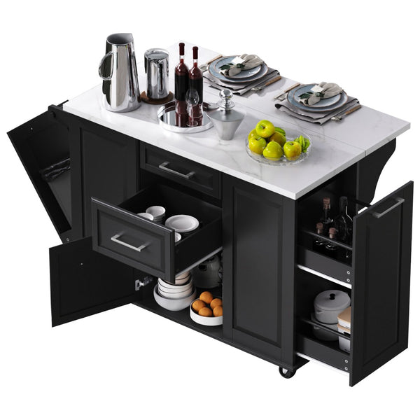 English Elm K&k Rolling Kitchen Island Faux Marble Top Tilt Trash Cabinet Pull Out Organizer Black N707S299008B
