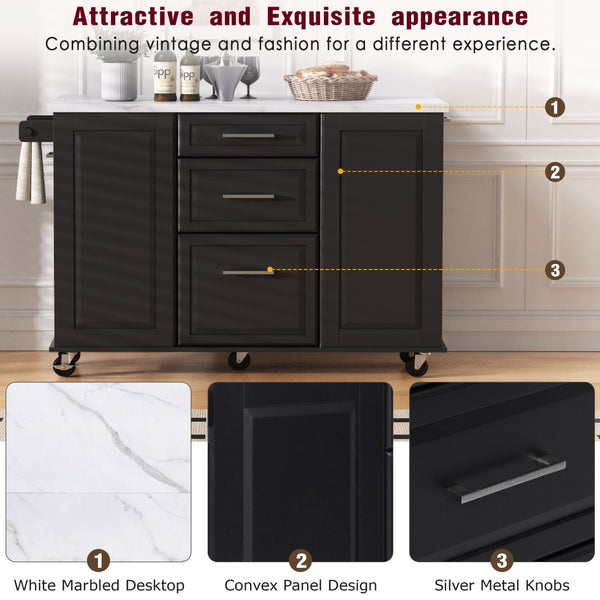 English Elm K&k Rolling Kitchen Island Faux Marble Top Tilt Trash Cabinet Pull Out Organizer Black N707S299008B
