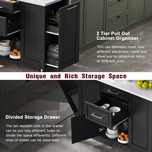 English Elm K&k Rolling Kitchen Island Faux Marble Top Tilt Trash Cabinet Pull Out Organizer Black N707S299008B