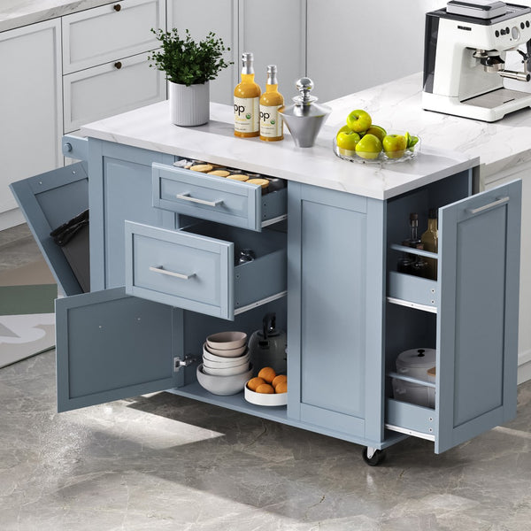 English Elm K&k Rolling Kitchen Island Faux Marble Top Tilt Trash Cabinet Pull Out Organizer Grey Blue N707S299008G