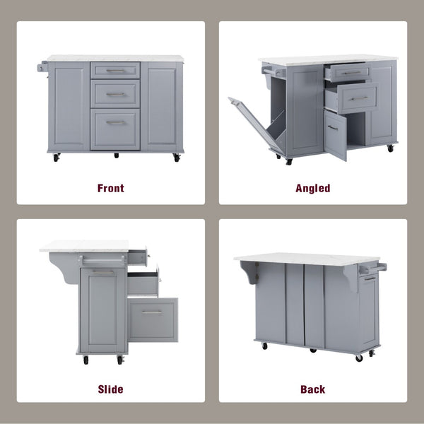 English Elm K&k Rolling Kitchen Island Faux Marble Top Tilt Trash Cabinet Pull Out Organizer Grey Blue N707S299008G