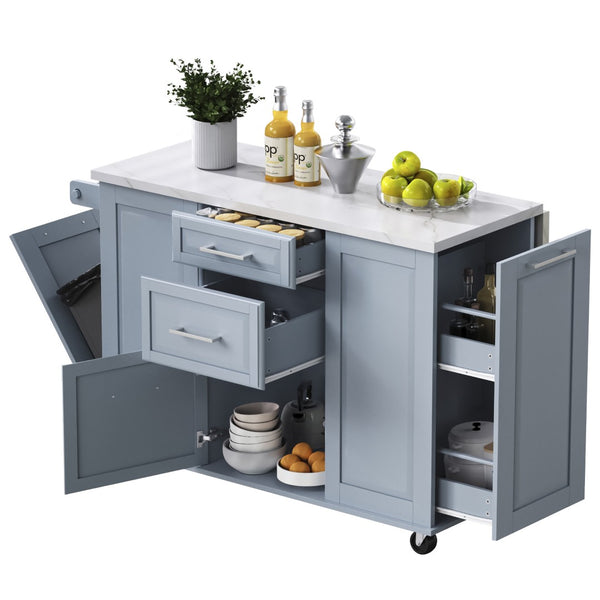 English Elm K&k Rolling Kitchen Island Faux Marble Top Tilt Trash Cabinet Pull Out Organizer Grey Blue N707S299008G
