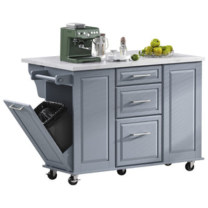 English Elm K&k Rolling Kitchen Island Faux Marble Top Tilt Trash Cabinet Pull Out Organizer Grey Blue N707S299008G