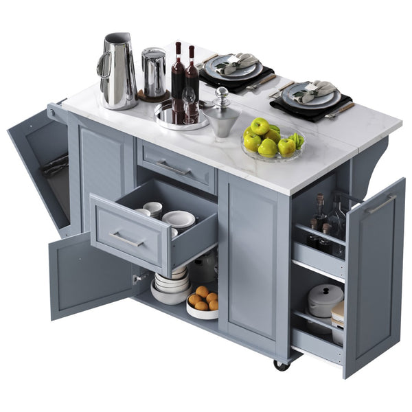 English Elm K&k Rolling Kitchen Island Faux Marble Top Tilt Trash Cabinet Pull Out Organizer Grey Blue N707S299008G