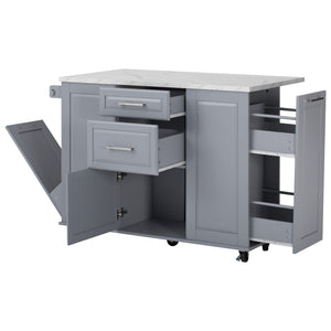 English Elm K&k Rolling Kitchen Island Faux Marble Top Tilt Trash Cabinet Pull Out Organizer Grey Blue N707S299008G