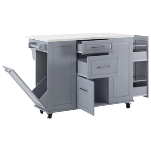 English Elm K&k Rolling Kitchen Island Faux Marble Top Tilt Trash Cabinet Pull Out Organizer Grey Blue N707S299008G