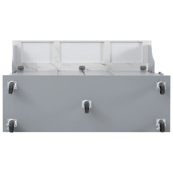 English Elm K&k Rolling Kitchen Island Faux Marble Top Tilt Trash Cabinet Pull Out Organizer Grey Blue N707S299008G
