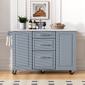English Elm K&k Rolling Kitchen Island Faux Marble Top Tilt Trash Cabinet Pull Out Organizer Grey Blue N707S299008G