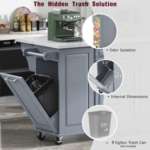 English Elm K&k Rolling Kitchen Island Faux Marble Top Tilt Trash Cabinet Pull Out Organizer Grey Blue N707S299008G