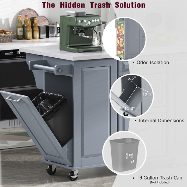 English Elm K&k Rolling Kitchen Island Faux Marble Top Tilt Trash Cabinet Pull Out Organizer Grey Blue N707S299008G