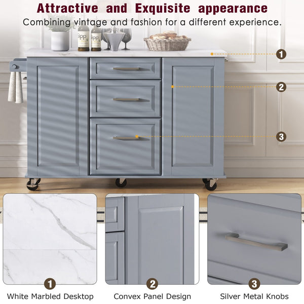 English Elm K&k Rolling Kitchen Island Faux Marble Top Tilt Trash Cabinet Pull Out Organizer Grey Blue N707S299008G