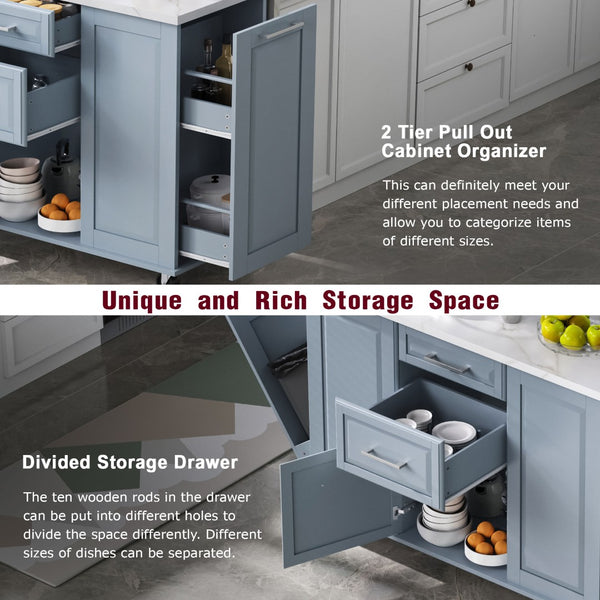 English Elm K&k Rolling Kitchen Island Faux Marble Top Tilt Trash Cabinet Pull Out Organizer Grey Blue N707S299008G