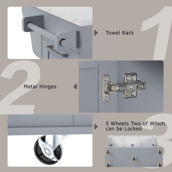 English Elm K&k Rolling Kitchen Island Faux Marble Top Tilt Trash Cabinet Pull Out Organizer Grey Blue N707S299008G
