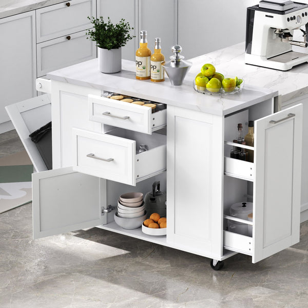 English Elm K&k Rolling Kitchen Island Faux Marble Top Tilt Trash Cabinet Pull Out Organizer White N707S299008W