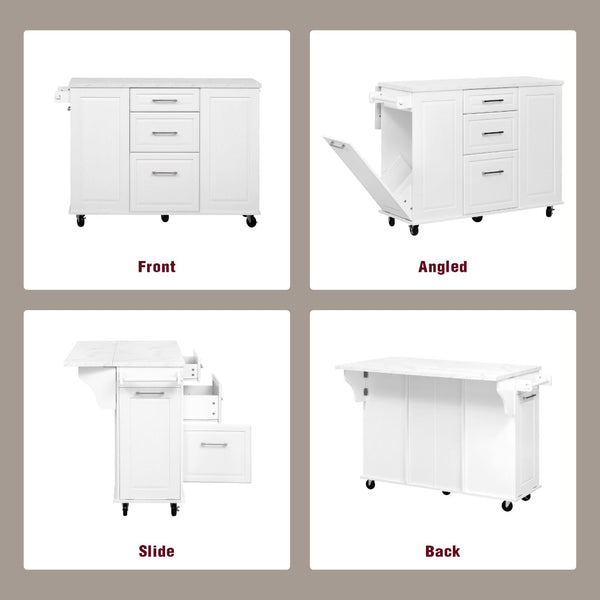 English Elm K&k Rolling Kitchen Island Faux Marble Top Tilt Trash Cabinet Pull Out Organizer White N707S299008W