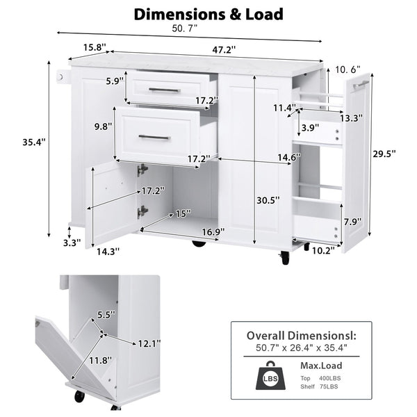 English Elm K&k Rolling Kitchen Island Faux Marble Top Tilt Trash Cabinet Pull Out Organizer White N707S299008W