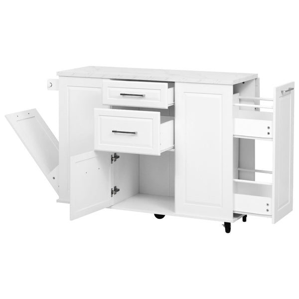 English Elm K&k Rolling Kitchen Island Faux Marble Top Tilt Trash Cabinet Pull Out Organizer White N707S299008W