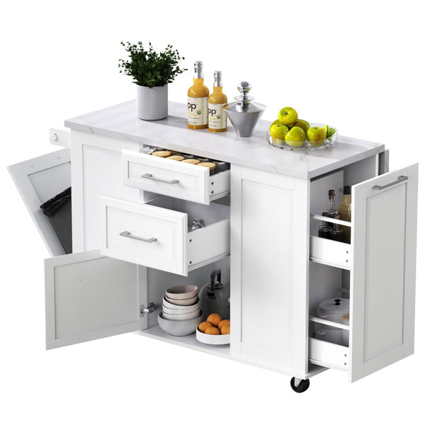 English Elm K&k Rolling Kitchen Island Faux Marble Top Tilt Trash Cabinet Pull Out Organizer White N707S299008W