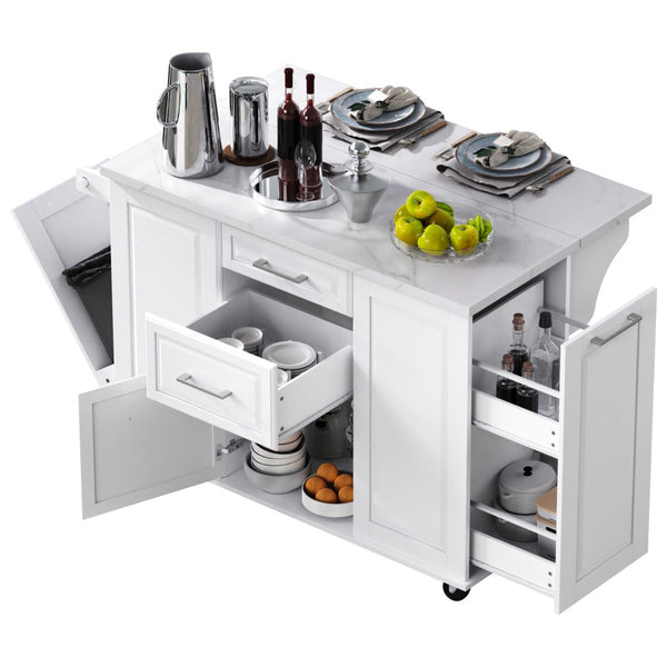 English Elm K&k Rolling Kitchen Island Faux Marble Top Tilt Trash Cabinet Pull Out Organizer White N707S299008W
