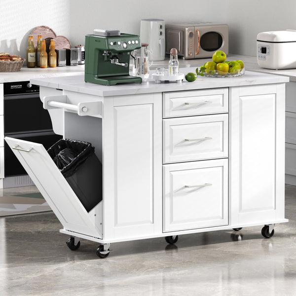 English Elm K&k Rolling Kitchen Island Faux Marble Top Tilt Trash Cabinet Pull Out Organizer White N707S299008W