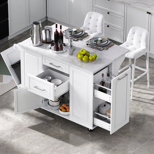 English Elm K&k Rolling Kitchen Island Faux Marble Top Tilt Trash Cabinet Pull Out Organizer White N707S299008W