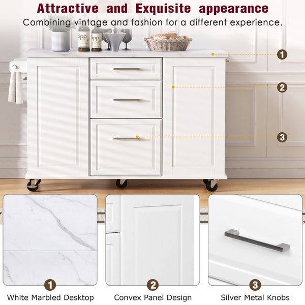 English Elm K&k Rolling Kitchen Island Faux Marble Top Tilt Trash Cabinet Pull Out Organizer White N707S299008W