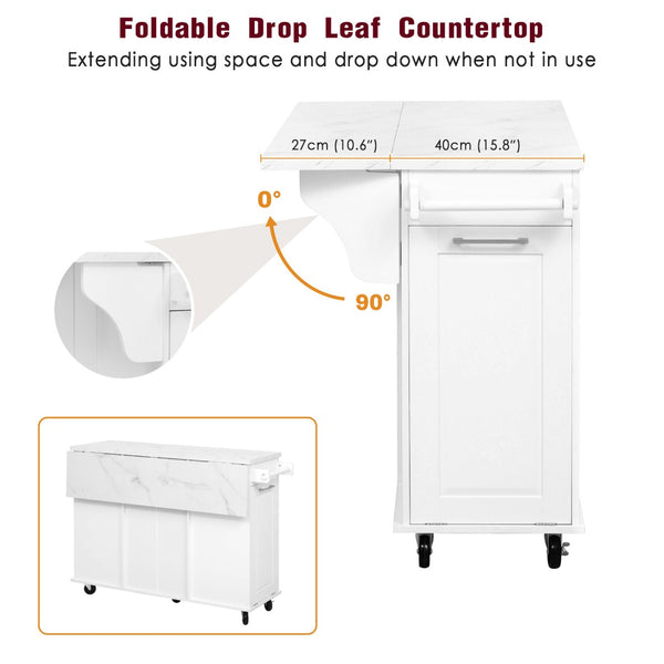 English Elm K&k Rolling Kitchen Island Faux Marble Top Tilt Trash Cabinet Pull Out Organizer White N707S299008W
