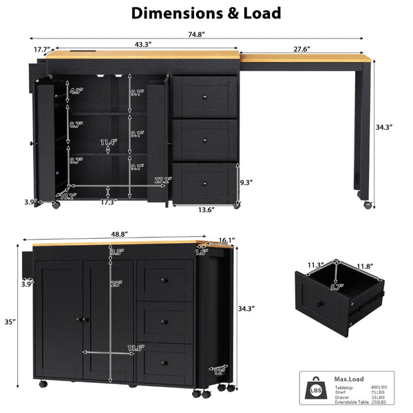 English Elm K&k Rolling Kitchen Island with Extendable Dining Table Power Outlets and Storage Black N707S303401B